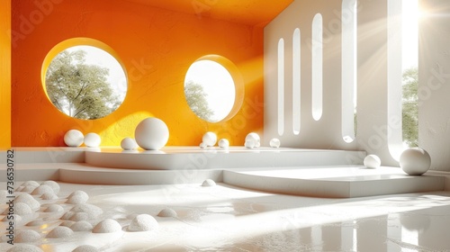 Room With Round Windows and White Balls on the Floor. Generative AI.