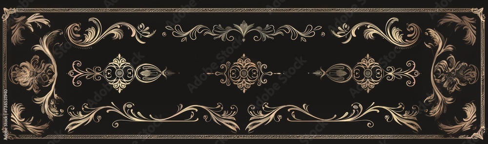 Elegant black and gold baroque frame with detailed floral patterns and designs on a dark background.