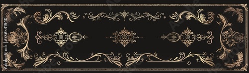 Elegant black and gold baroque frame with detailed floral patterns and designs on a dark background.