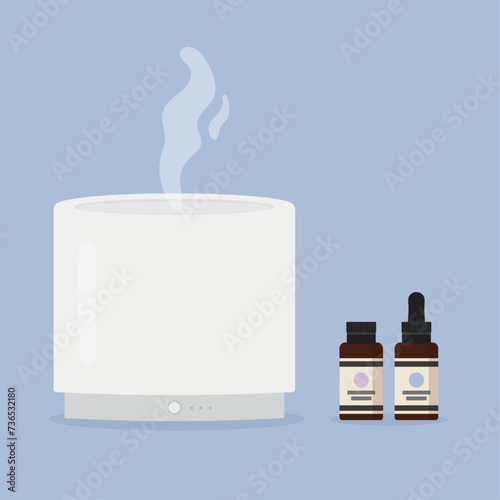 Ultrasonic diffuser, flat vector illustration. Essential oil diffuser with bottles of essential oils.