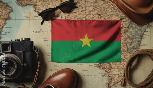 Burkina Faso flag lies on the map surrounded by camera, glasses, travel and tourism concept photo