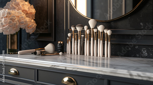A stunning mockup showcasing a luxurious premium makeup brush set displayed on a glamorous vanity table. The brushes' impeccable quality and sophisticated design make them a must-have for th