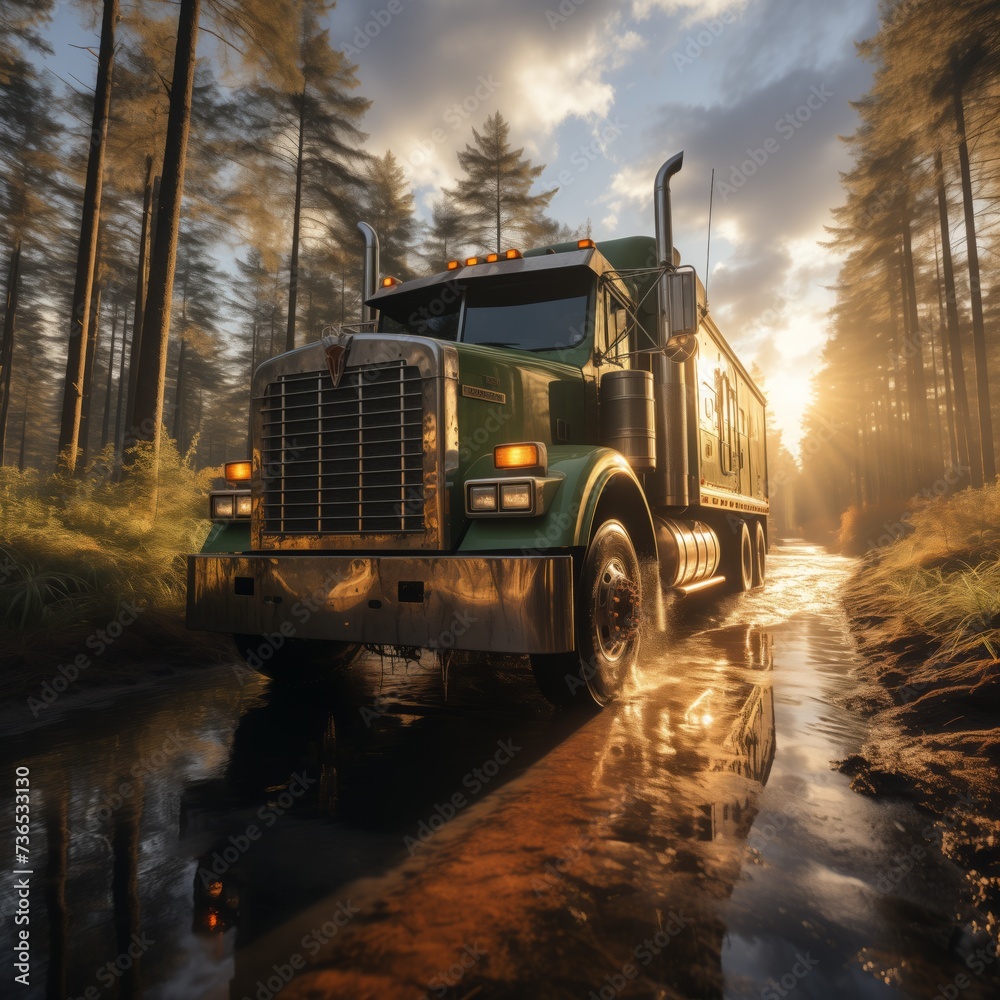 Green truck navigating muddy forest road under cloudy sky
