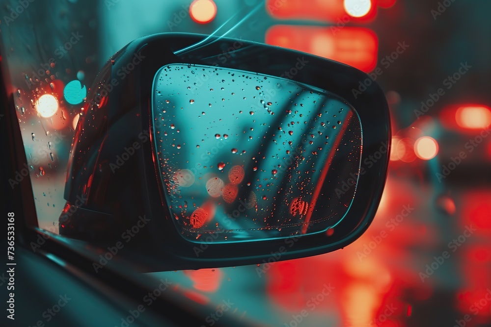 Side view car mirror with reflection at night Side view car mirror with reflection at night