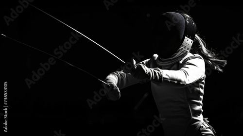 A skilled and determined professional fencer in her late 20s, wearing full fencing gear, captivates with her poise and unwavering focus. Engaged in the midst of a thrilling match, she embodi