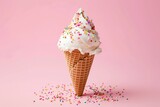 Ice cream with sprinkles in waffle cone on pink background