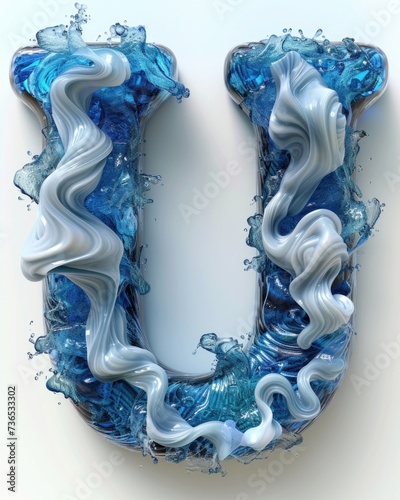 Swirling Blue and White Letter Floating in the Sea. Generative AI. photo