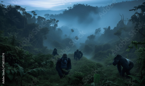 african mountain gorrillas in their misty jungle habitat