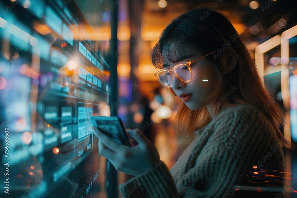 Businesswoman girl uses graphical interface of the future. Futuristic concept Businesswoman girl uses graphical interface of the future. Futuristic concept