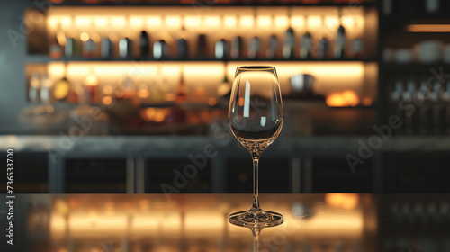 A stunning wine glass mockup showcasing its impeccable clarity and timeless elegance, placed on a sleek and glossy bar counter. Perfect for designs related to luxury, wine tasting, fine dini photo