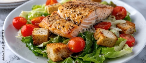 Grilled fish, croutons, and cherry tomatoes added to salmon Caesar salad.