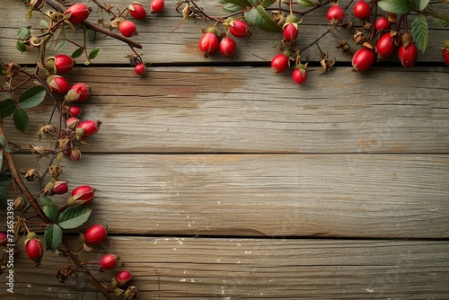 Red rose hip berries with copyspace on wooden background