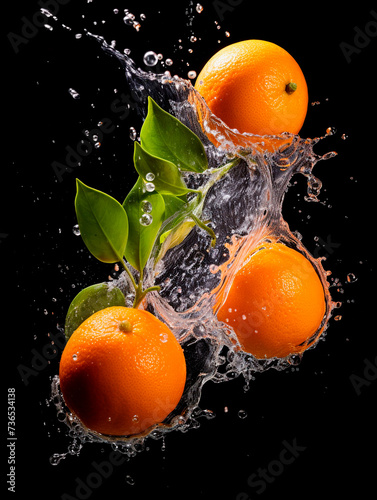 Fresh orange with water splash isolated on black background. Citrus fruit