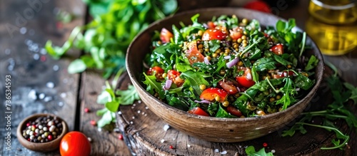 Nutritious salad with mung beans and fresh greens. photo