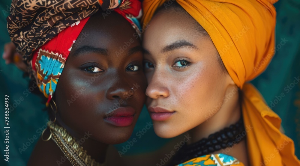 Two women in traditional clothing with colorful head wraps. Generative AI. Two women in traditional clothing with colorful head wraps. Generative AI.