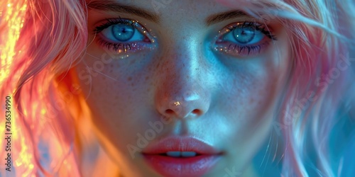 A woman with pink hair and blue eyes. Generative AI. photo
