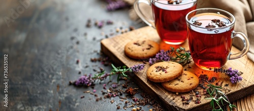 Herbal tea and cookie on wooden board. photo