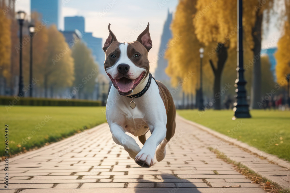 American staffordshire terrier running in the city park in sunny day. Generative ai