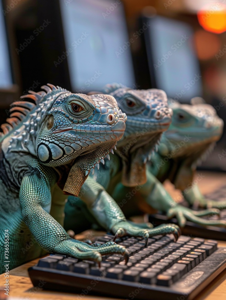 Fototapeta premium The lizard is sitting on the keyboard. Generative AI.