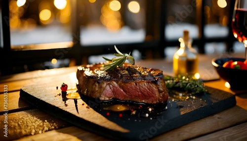 steak on a wooden board, grilled steak, beef steak close up, copyspace, banner