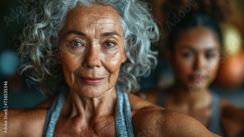 An older woman is doing a workout with another woman. Generative AI.