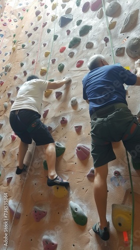 Two people climbing on a climbing wall in a gym. Generative AI.