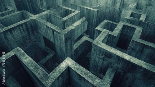 Vintage gloomy maze with old concrete walls, grungy dark endless labyrinth, grey surreal building. Concept of puzzle, problem, uncertainty, background, illustration, pattern, quest photo