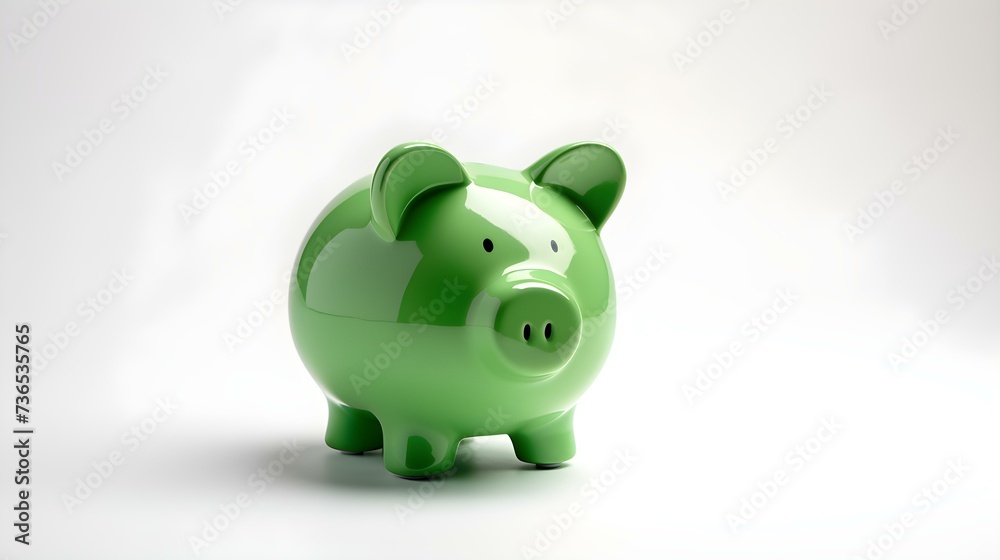 Green Piggy Bank on a white Background. Business Template with Copy Space