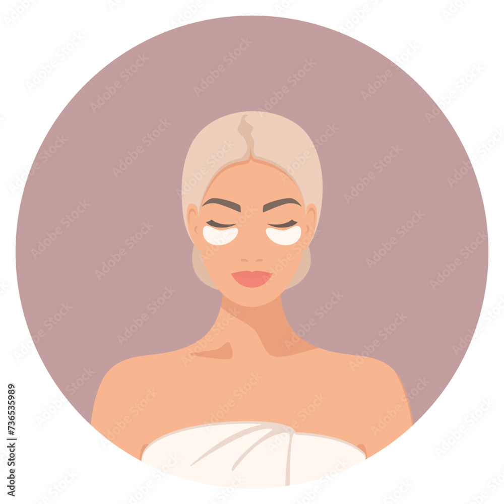 Patches on the face of a young beautiful woman with closed eyes. Cleansing face masks. Isolated vector illustration EPS10 Patches on the face of a young beautiful woman with closed eyes. Cleansing face masks. Isolated vector illustration EPS10