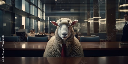 A sheep wearing a tie sitting at a table. Generative AI.