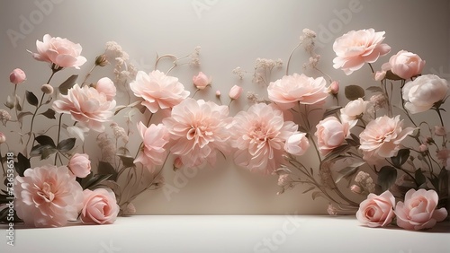 3d render, abstract floral background, pink flowers on white wall