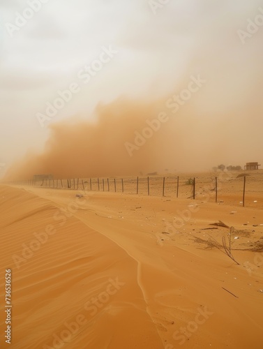 Gusts of wind whip up a dense sandstorm  obscuring visibility and swirling over a barren desert landscape with a fence line.