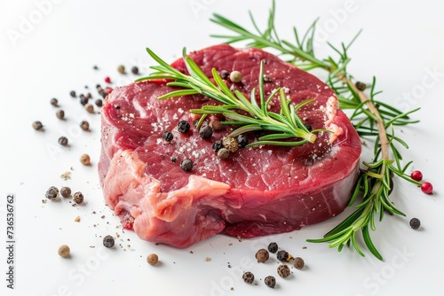 Raw steak seasoned with spices and herbs on a white background.