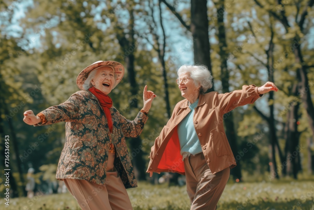 Fototapeta premium Two people dancing joyfully in a sunny park surrounded by green trees and grass.