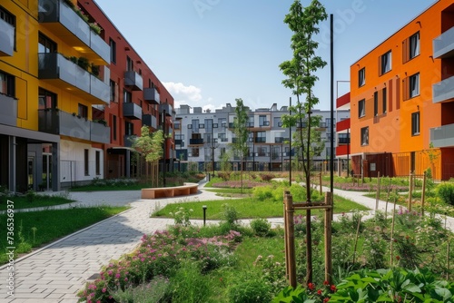 Modern colorful residential buildings surrounded by a well-maintained garden under a clear blue sky. © Sandris