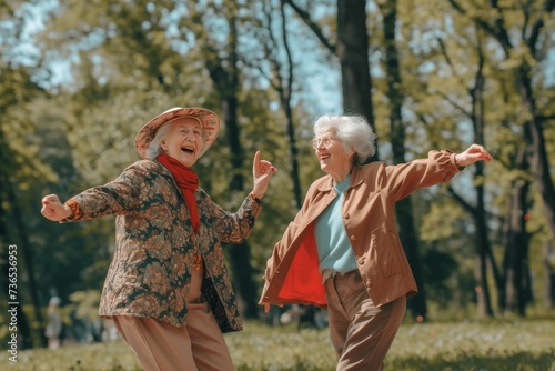 Two people dancing joyfully in a sunny park surrounded by green trees and grass.