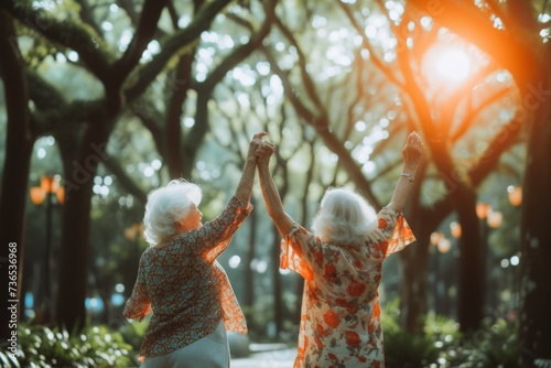 Two individuals in a serene park at sunset, raising their hands towards the sky.