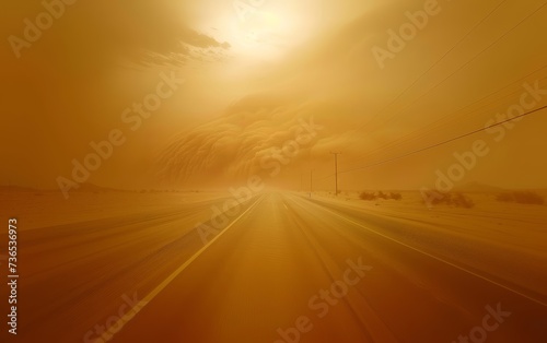 Impressive sandstorm sweeps across a desert highway under a sunlit sky, dramatic contrast between calm and chaos.