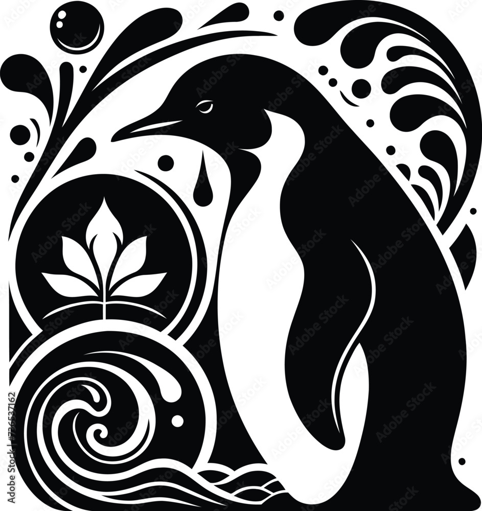 Obraz premium pinguin, bird silhouette flowers ornament decoration, floral vector design. 