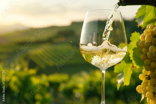 A serene moment of wine being poured in a vineyard during the golden hour.