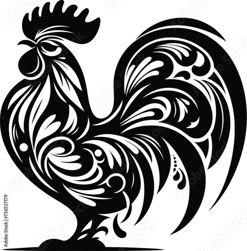 rooster, bird silhouette flowers ornament decoration, floral vector design. 