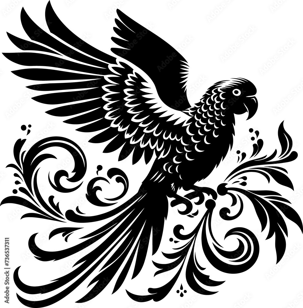 Obraz premium parrot, bird silhouette flowers ornament decoration, floral vector design. 