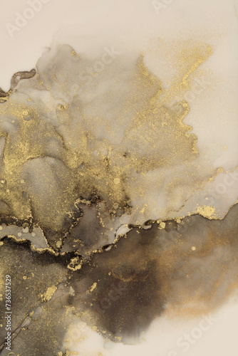 Art Abstract watercolor and alcohol ink flow painting blot. Brown, beige color with gold glitter. Marble grain texture background. © Liliia