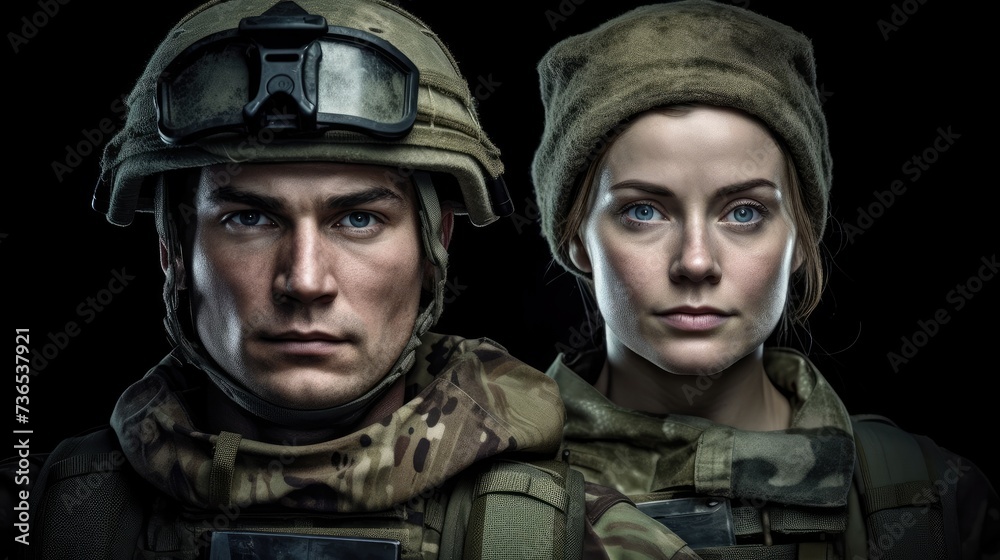 Two soldiers are standing in front of a black background. Two soldiers are standing in front of a black background.