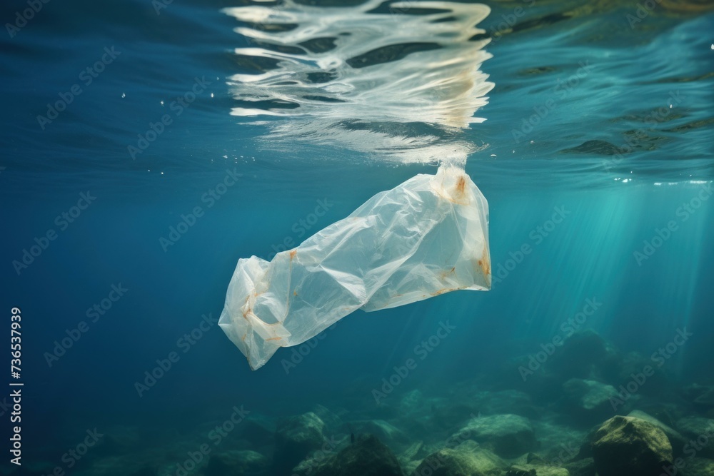 Fototapeta premium Translucent Plastic bag underwater. Recycle reuse. Generate Ai