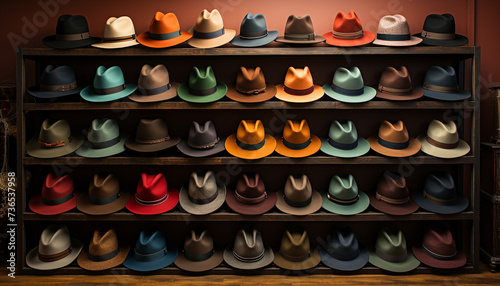 Fashionable men collection  cowboy hat, fedora, bowler hat, panama hat generated by AI photo