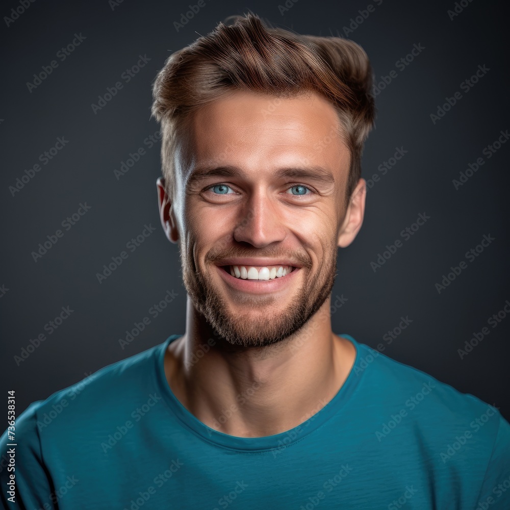 Obraz premium Smiling man in a blue t-shirt on a black background, royalty - free image.