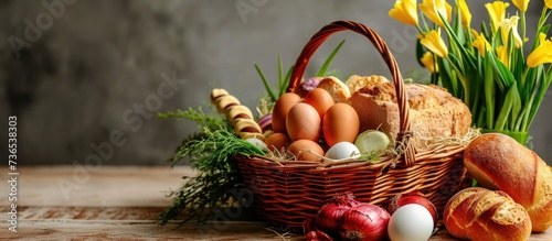 Easter food basket for church blessing, traditional Catholic European custom with eggs, onion, ham, and bread.