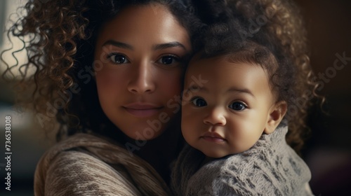 Woman holding a baby with curly hair.