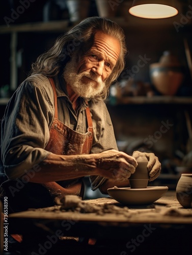 Old man is making pottery in his workshop.